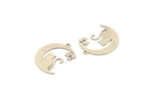 Silver Cat Charm, 6 Antique Silver Plated Brass Crescent Moon And Cat Shaped Charms With 1 Loop, Earring Findings (26x20x0.60mm) A4515 Online now - Image 3