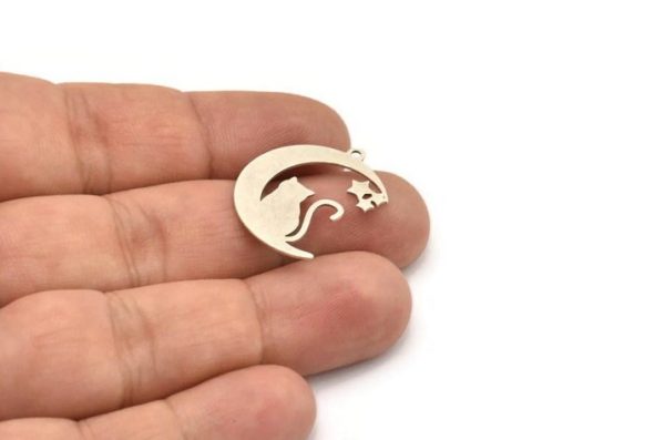 Silver Cat Charm, 6 Antique Silver Plated Brass Crescent Moon And Cat Shaped Charms With 1 Loop, Earring Findings (26x20x0.60mm) A4515 Online now - Image 4