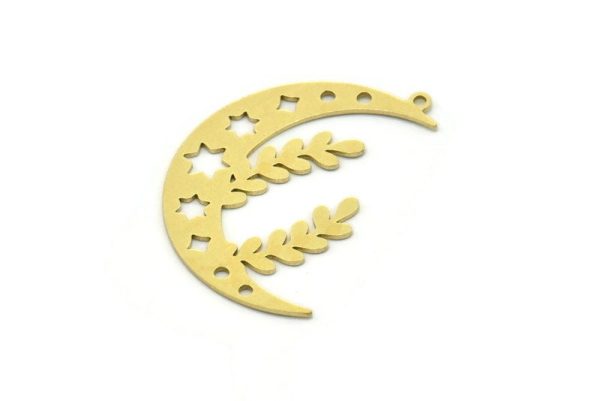 Brass Moon Charm, 6 Raw Brass Crescent Moon And Branch Shaped Charms With 1 Loop, Findings (34x23x0.60mm) SMP0825 Fashion