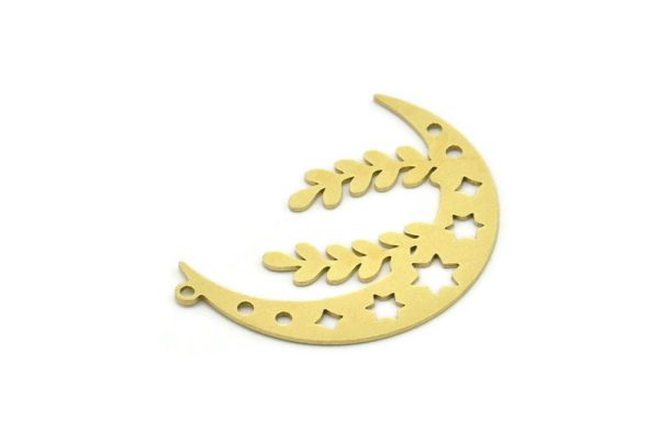 Brass Moon Charm, 6 Raw Brass Crescent Moon And Branch Shaped Charms With 1 Loop, Findings (34x23x0.60mm) SMP0825 Fashion - Image 2