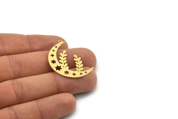 Brass Moon Charm, 6 Raw Brass Crescent Moon And Branch Shaped Charms With 1 Loop, Findings (34x23x0.60mm) SMP0825 Fashion - Image 3