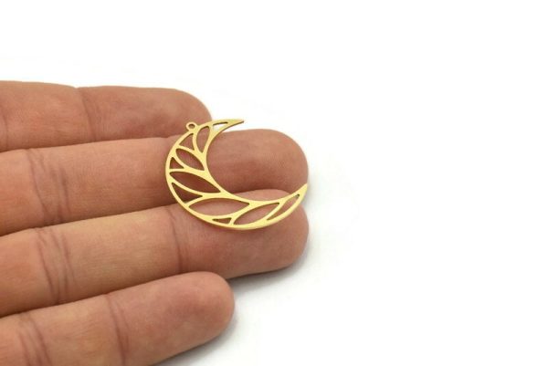 Brass Moon Charm, 6 Raw Brass Crescent Moon Charms With 1 Loop, Findings (32x10x0.60mm) SMP0763 For Sale - Image 3