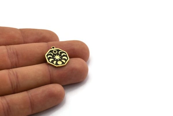 Brass Octagon Charm, 2 Raw Brass Octagon Charms With 1 Loop, Moon Phases Findings, Star Findings (19x16x1.4mm) N2330 Sale - Image 4