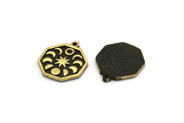 Brass Octagon Charm, 2 Raw Brass Octagon Charms With 1 Loop, Moon Phases Findings, Star Findings (19x16x1.4mm) N2330 Sale - Image 3