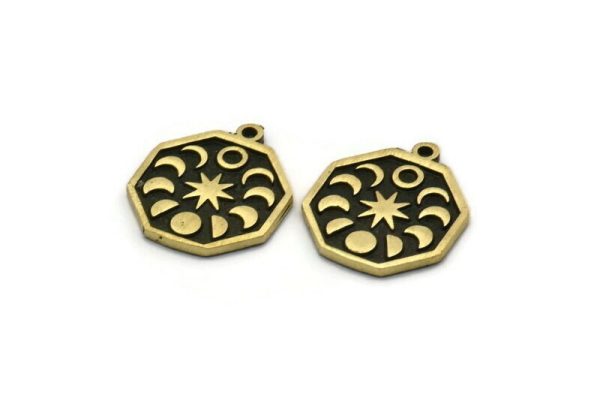 Brass Octagon Charm, 2 Raw Brass Octagon Charms With 1 Loop, Moon Phases Findings, Star Findings (19x16x1.4mm) N2330 Sale - Image 2