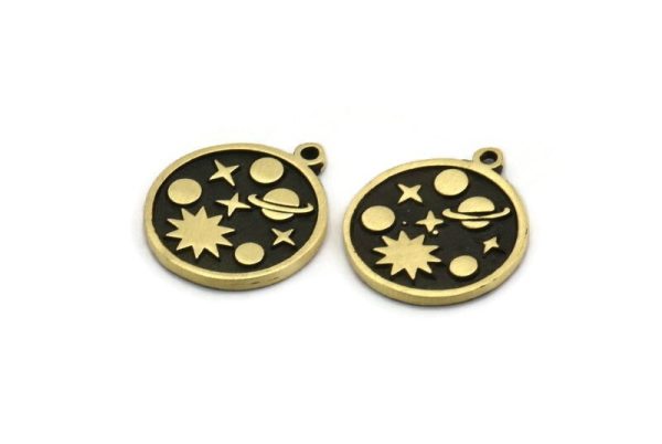 Brass Round Charm, 2 Raw Brass Round Charms With 1 Loop, Galaxy Findings, Brass Universe Findings (19x17x1.5mm) N2396 For Discount - Image 2