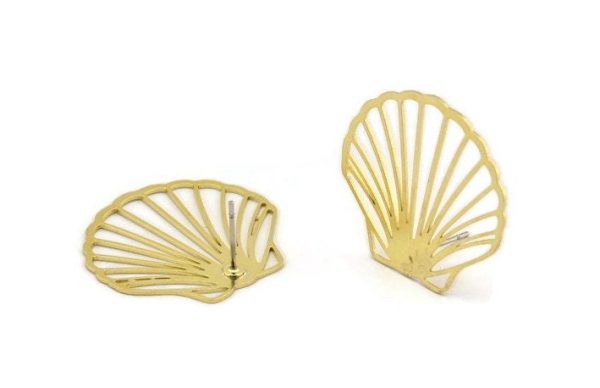 Brass Shell Earring, 4 Raw Brass Sea Shell Stud Earrings (28x26x0.60mm) A5994 Discount